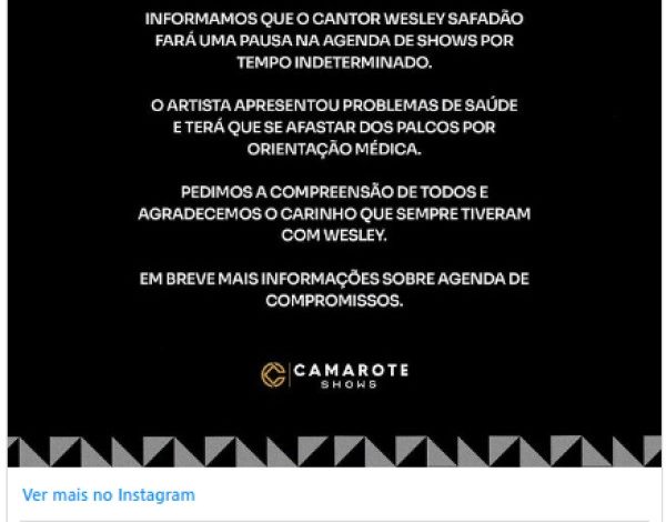 Wesley Safadão suspende sua agenda de shows por tempo indeterminado e preocupa fãs; ‘problema de saúde’