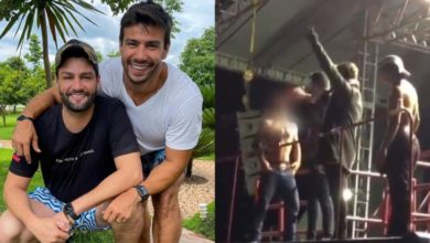 Vídeo mostra jovem recebendo bebida de Munhoz e Mariano em show e, logo depois, surge desacordado em ambulância