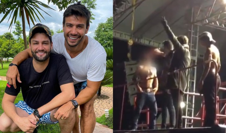 Vídeo mostra jovem recebendo bebida de Munhoz e Mariano em show e, logo depois, surge desacordado em ambulância