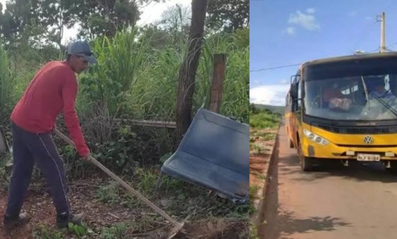 Sozinho, pai constrói ponto de ônibus para os 2 filhos e colegas se protegerem do Sol em MG