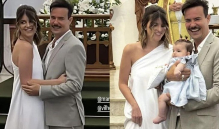 Paulinho Vilhena se casa com Maria Luiza e a filha do casal também foi batizada; atriz famosa marcou presença