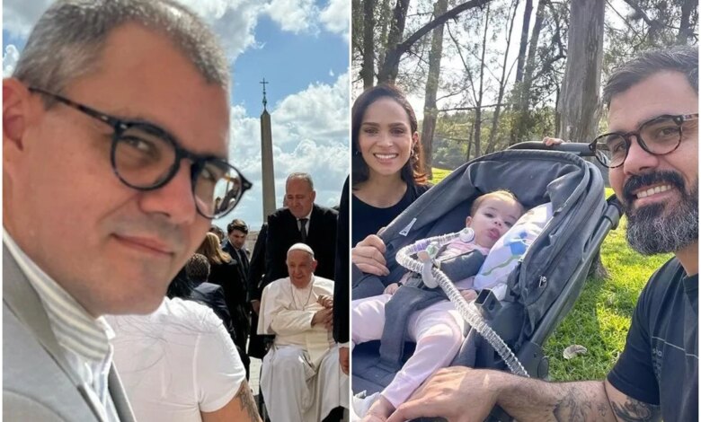 Esposa de Juliano Cazarré comenta conselho dado por Papa Francisco sobre filha com síndrome rara: ‘pra vida’