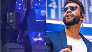 Gusttavo Lima se assusta com queda brusca de fã que tentava invadir o palco; mulher foi socorrida às pressas