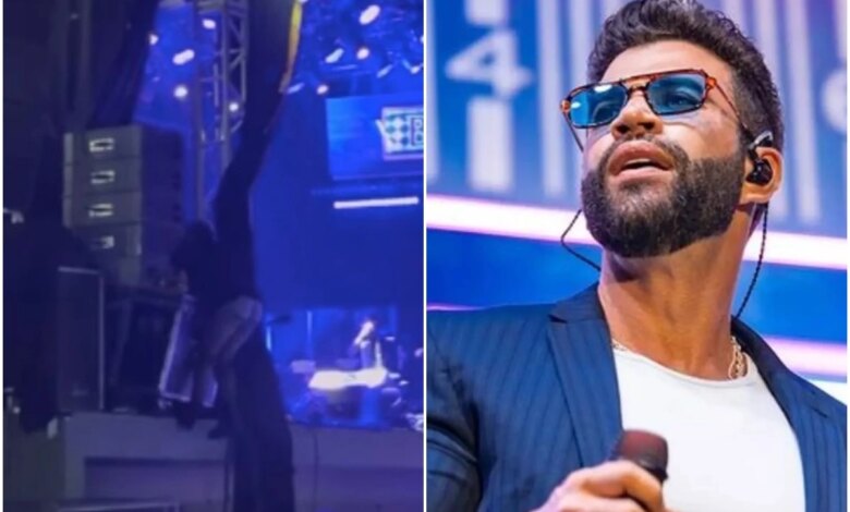 Gusttavo Lima se assusta com queda brusca de fã que tentava invadir o palco; mulher foi socorrida às pressas